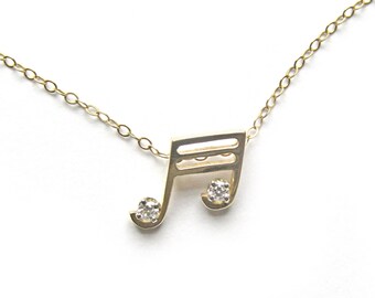 14K Solid Yellow Gold Natural Diamond Eighth Note Pendant Necklace -  16.5"