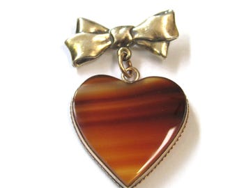Antique Sterling Silver Banded Striped Agate Heart Bow Brooch 40 mm x 25 mm