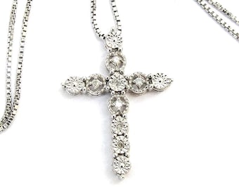 Collana vintage in argento sterling con ciondolo a croce e diamanti naturali - 18"
