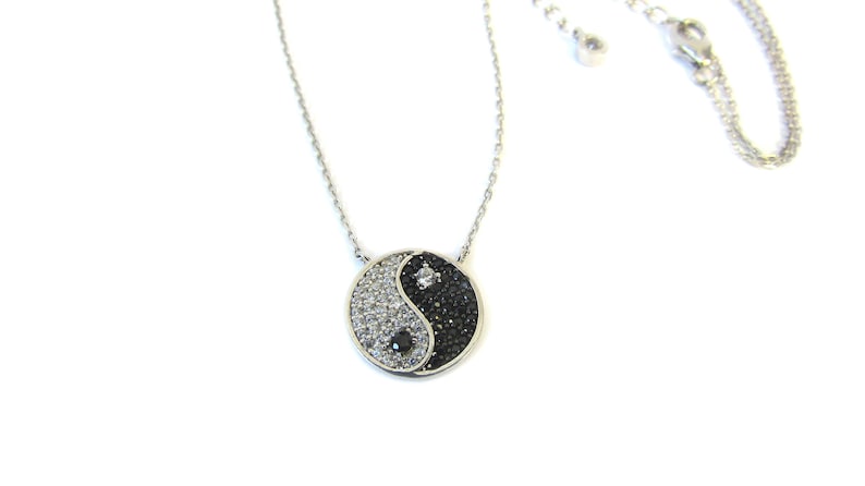 2 ext. YIN YANG NECKLACE Sterling Silver Black and Clear Cubic Zirconia Yin Yang Pendant Necklace 16