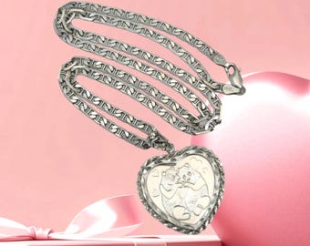 Vintage Panda Couple Necklace .999 Fine Silver Heart Pendant, Sterling Silver Chain 22"