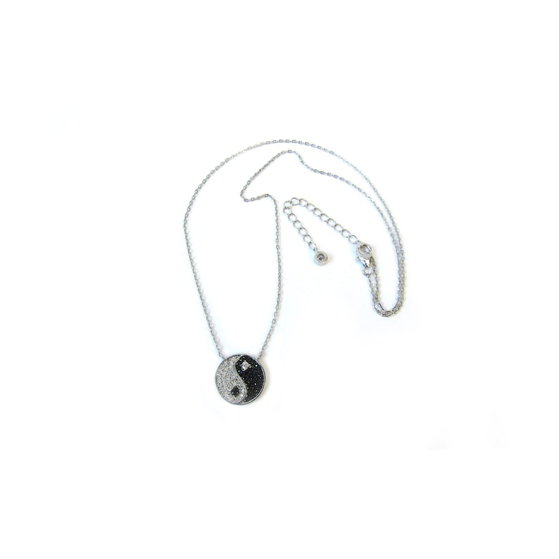 2 ext. YIN YANG NECKLACE Sterling Silver Black and Clear Cubic Zirconia Yin Yang Pendant Necklace 16