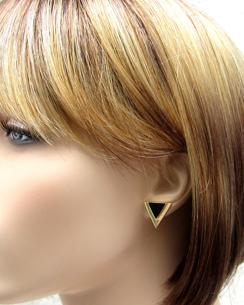 ONYX GOLD EARRINGS 14K Solid Yellow Gold Onyx Gemstone Triangle Stud Earrings 18 mm