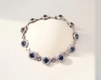 Vintage Sterling Silver Lab Sapphire Tennis Bracelet - 7.25"