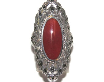 CARNELIAN MARCASITE STERLiNG RING Vintage Sterling Silver Carnelian  Marcasite Gemstone Ring Size 8 1/4