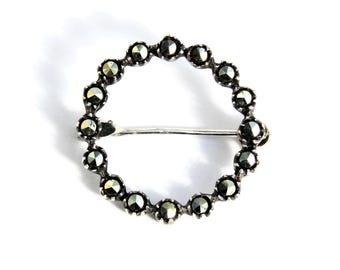 Spilla vintage in argento sterling con cerchio in marcasite da 2,5 cm