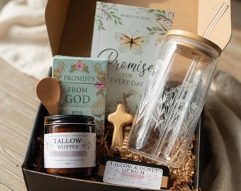Tallow Christian Promises of God Gift Box - Mini Devotional - Encouragement Cards - Glass Tumbler - Self Care Basket, Cozy Care Package