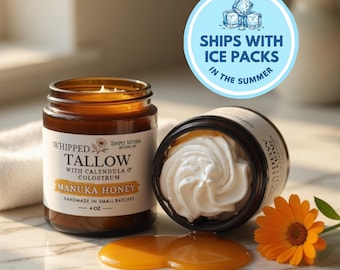 Manuka Honey Tallow Face Cream - Collostrum - Calendula - Body Butter Natural Whipped Grass-Fed Beef Moisturizer Balm