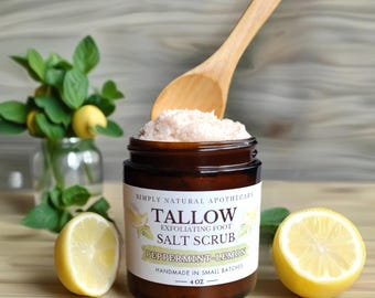 Tallow Foot Salt Scrub w/ Grass-Fed Beef Tallow, Jojoba Oil, Himalayan Sea Salt, Peppermint & Lemon Essential Oils - Natural Exfoliating
