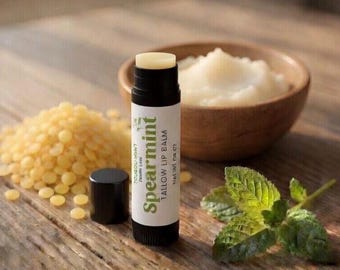 Tallow Lip Balm Spearmint for Moisturizing Lips, Organic Grass-Fed Beef Tallow, Beeswax, Pure Essential Oil-Convenient Twist up Tube