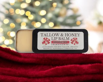 Tallow Lip Balm - Peppermint Candy Cane - Chapstick for Moisturizing Lips - Organic Grass-Fed Beef Tallow, Beeswax, Raw Honey