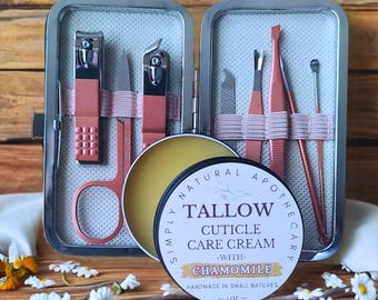 Nourishing Tallow-Based Cuticle Cream Bundle with Manicure Kit with 100% Grass-fed Beef Tallow, Beeswax, Jojoba Oil, and Soothing Chamomile