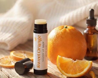 Tallow Lip Balm for Moisturizing Lips, Organic Grass-Fed Beef Tallow, Beeswax, Pure Sweet Orange Essential Oil-Convenient Twist up Tube