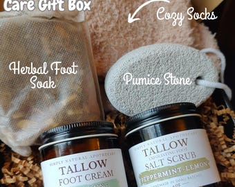 Tallow Foot Care Gift Box: Self Care Basket - Cooling Foot Cream, Scrub, Socks, Pumice Stone, Herbal Foot Soak