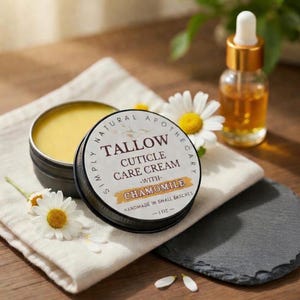 May include: A jar of Tallow Cuticle Care Cream with Chamomile, next to a small bottle of oil and a daisy. The cream is in a black tin with white text. The label reads "Simply Natural Apothecary". The cream is handmade in small batches and is 1 oz.