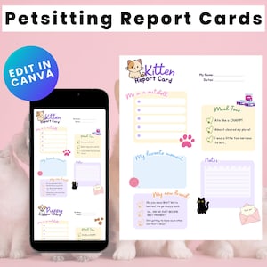 Modèle de carte de vœux pour la garde d'animaux de compagnie | Bulletin imprimable pour promeneurs de chiens | Notes personnalisables sur le soin des animaux de compagnie | Versions chien et chat incluses