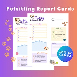 Modello di scheda di valutazione stampabile per la cura degli animali domestici Canva / Download immediato del rapporto sull'asilo nido per cani e gatti
