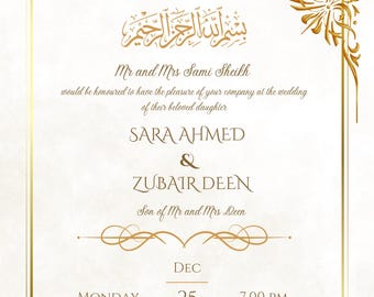 May include: A gold wedding invitation with an ornate border and Arabic calligraphy. The invitation announces the wedding of Sara Ahmed and Zubair Deen on Monday, December 25, 2025, at 7:00 PM. The wedding will be held at Willow Court, 27 Meadow Lane, Bristol, BSI 4TG, United Kingdom. The invitation includes contact information for RSVP.