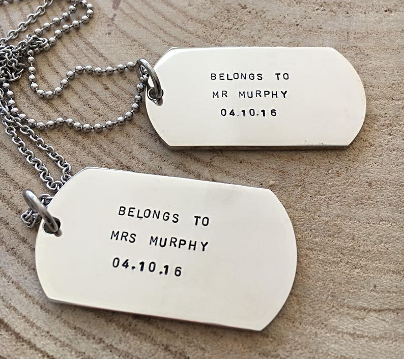 Dog Tag Necklace Matching Necklaces His And Hers Jewelry Hand Stamped Gift For Him Personalized Anniversary Gift Bride Groom Gift