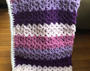 Chunky Yarn Striped Baby Blanket: Pink, Purple, White, 30x30 Inches