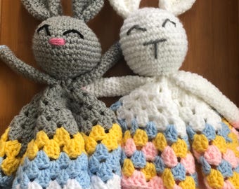 Crocheted Animal Lovey Blanket: Bunny, Bear, Cow Cuddly Toy