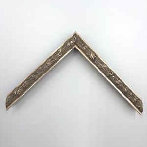 Peut inclure: Une section d'angle en forme de L d'un cadre photo présentant un motif floral et végétal en relief orné. Le cadre possède une finition argentée antique métallique avec des reflets sombres dans les zones en creux de la moulure.