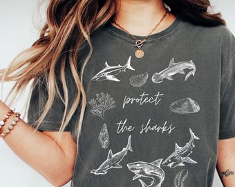 Camiseta Comfort Colors Protect Sharks, camiseta de conservación oceánica, camiseta con estampado de vida marina, regalo de concienciación ambiental, camiseta para amantes de los tiburones.