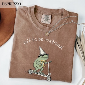 May include: Espresso-colored t-shirt with the phrase "off to be irrational" and a graphic of a green frog riding a scooter and holding a pi symbol. The shirt has a crew neck and short sleeves. A silver necklace with a pendant is draped across the shirt.
