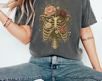 Comfort Colors Floral Ribcage Skeleton Shirt, Gothic Anatomy Tee, Dark Academia Graphic T-Shirt, Skeleton Flower Shirt, Gift for Goth Lovers