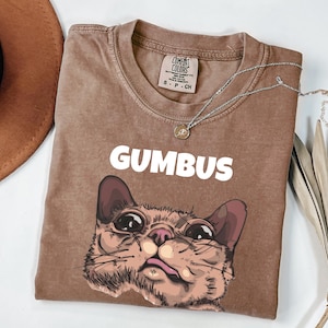 May include: A brown Comfort Colors t-shirt with the word "GUMBUS" in white block letters above a cartoon cat face. A silver necklace with a small pendant is on the shirt. The shirt is folded on a white surface.