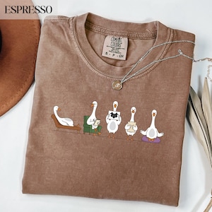 Può includere: T-shirt marrone con un design umoristico di oche in diverse pose, come leggere e meditare. La maglietta ha un girocollo e maniche corte. Una collana d'argento con un ciondolo è drappeggiata sulla maglietta.