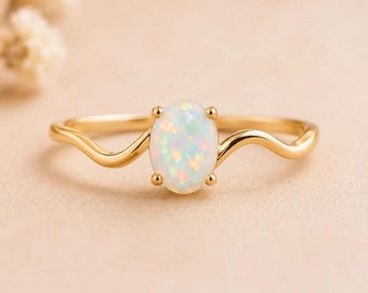 Minimalist Opal Ring, Wave Opal Ring, Oktober Birthstone Ring, Zierliche Versprechen Ring, Gold Opal Ring, Sterling Silber Ring, Geschenk für sie