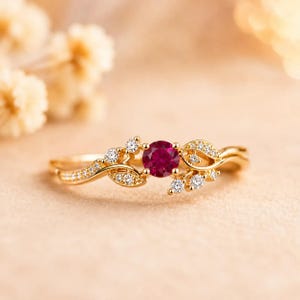 Ruby Leaf Engagement Ring, Nature Inspired Promise Ring, Delicate Vine Ring, Vintage Ruby Ring, Gold Bridal Ring, July Birthstone Gift