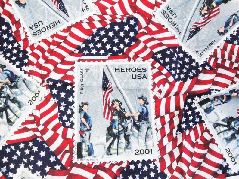 Patriotic Fabric 2001 Heroes USA Postage Stamp Flags Etsy Il G159