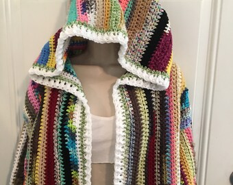 Hooded Crochet Duster, Crochet Cardigan, Summer Jacket, Multi Colors, Size Medium