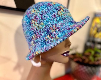 Crochet Bucket Hat, Crochet Hat and Earring set, Slouchy Hat, Summer Hat in Blue Rainbow Mix of Colors