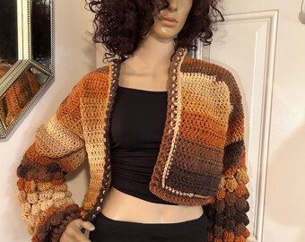 Crochet Sweater Jacket with Bobble Stitch Sleeves, Crochet Cardigan, Fall Jacket, Crochet Puff Sleeve Jacket, Size Small