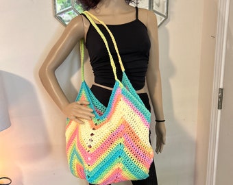 Handmade Crochet LARGE BEACH BAG, Large Hobo Tote, Crochet Shoulder Bag, Jazzy Hobo Beach Tote,