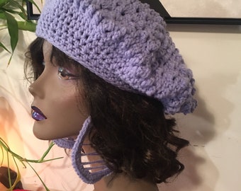 Hand Crochet Beret and Earring SET in Violet, Crochet Hat, Crochet Earrings, Crochet Hoop Earrings