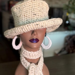 Hand Crochet Top Hat, Scarf, and Earrings Set, Oatmeal Acrylic Yarn