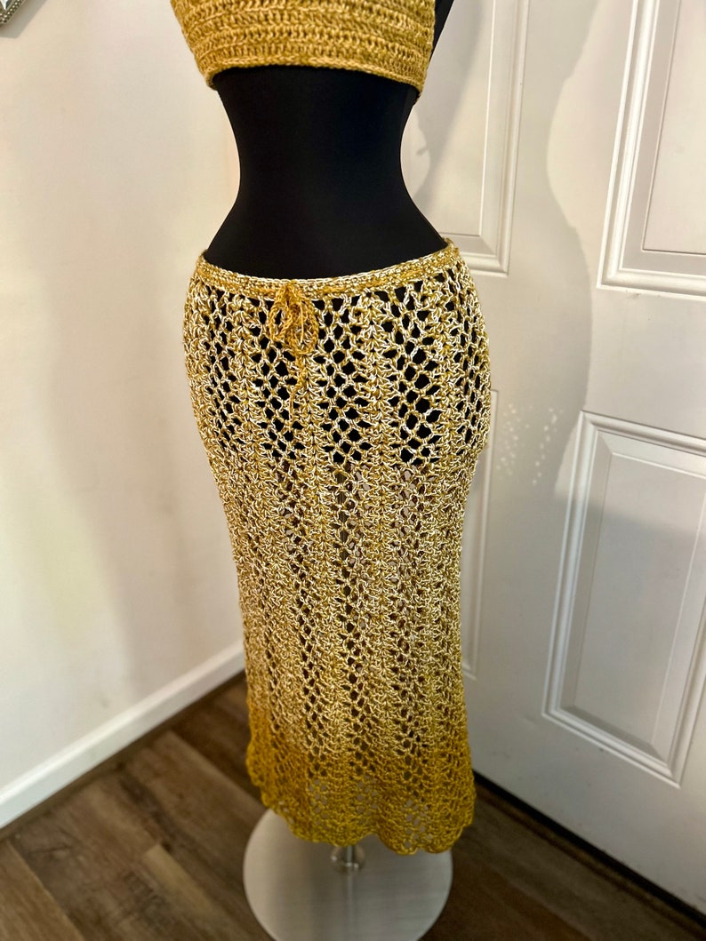 DARE To Be Different Long Crochet Skirt Beach Skirt and Haulter Top, Summer Skirt. Beach Maxi Skirt, Festival Outfit in Ombre GOLD image 7