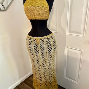 DARE To Be Different Long Crochet Skirt Beach Skirt and Haulter Top, Summer Skirt. Beach Maxi Skirt, Festival Outfit in Ombre GOLD image 1