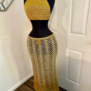 DARE To Be Different Long Crochet Skirt Beach Skirt and Haulter Top, Summer Skirt. Beach Maxi Skirt, Festival Outfit in Ombre GOLD image 1