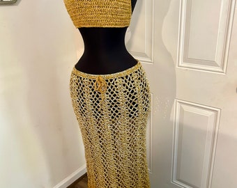 DARE To Be Different Long Crochet Skirt Beach Skirt and Haulter Top, Summer Skirt. Beach Maxi Skirt, Festival Outfit in Ombre GOLD
