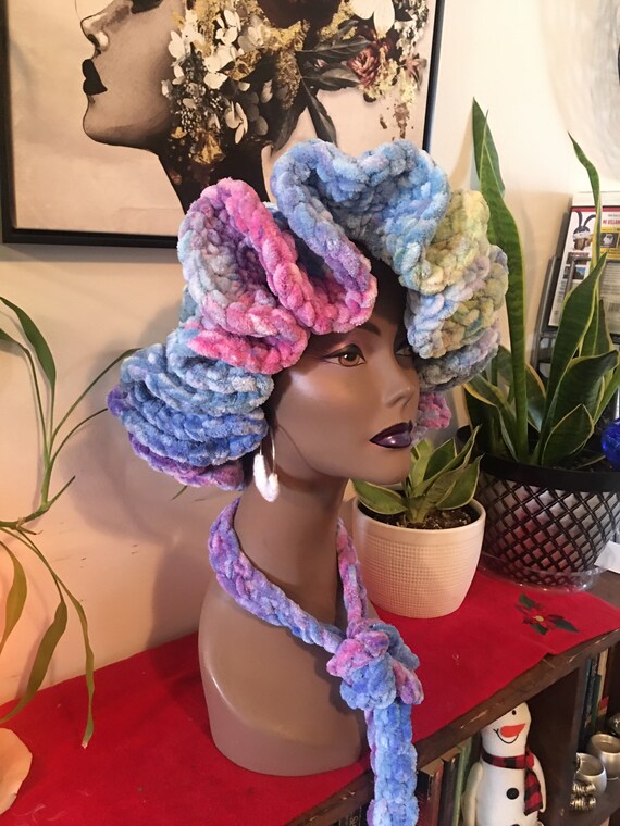 The Monique Crochet Ruffle Hat and Chain Necklace. Crochet Hat and Necklace  SET. Crochet Headdress, Crochet Fashion Hat, Urban Chic 