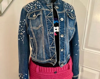 Hand Beaded Blue Jean Jacket. Embellished Jean Jacket. Size Medium/Large.