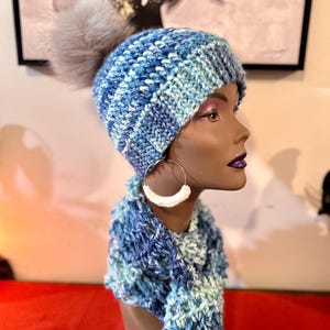 Crochet Textured Beanie Hat and  Scarf. Crochet Hat with Pompom, Crochet Fashion Hat, Urban Chic in beautiful Blues