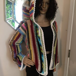 Hooded Crochet Duster, Crochet Cardigan, Summer Jacket, Multi Colors, Size Medium