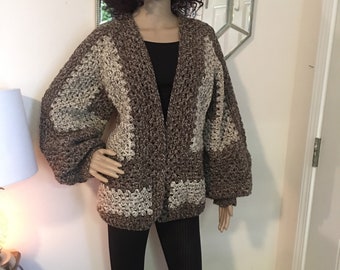 Hand Crochet Cardigan, Long Sleeve, Hexagon Cardigan, Chunky Sweater, Winter Sweater, 100% Wool, Large