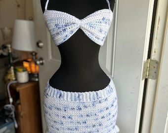 Halter Top and Ruffle Skirt, Crochet Ruffle Skirt, Festival Outfit, Summer Top, Summer Skirt I’m Blue Speckles